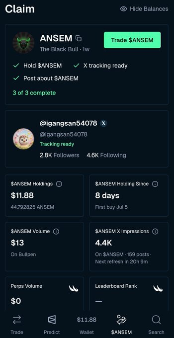 A mobile app screen showing a completed 'Claim' for the $ANSEM token, held by user @igangsan54078, with holdings of $11.88 and a leaderboard ranking of 4.4K impressions.
