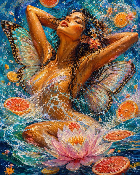 A duplicate of Image 2: an illustration of a woman with butterfly wings in water amid citrus slices and a pink lotus flower.