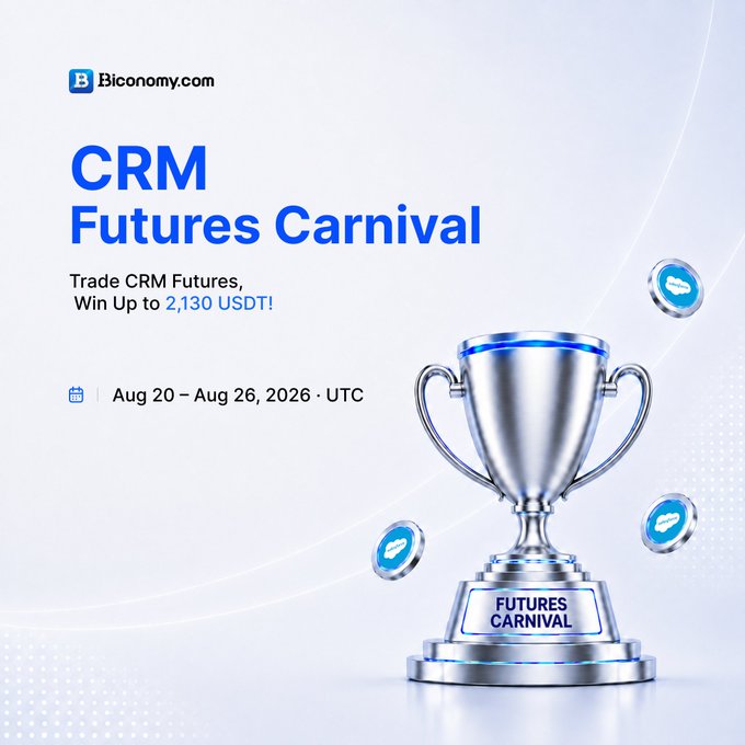 A promotional graphic for the Biconomy.com 'CRM Futures Carnival' event, offering a chance to win up to 2,130 USDT by trading CRM Futures from Aug 20 – Aug 26, 2026 (UTC), featuring a large silver trophy labeled 'FUTURES CARNIVAL' alongside floating tokens.