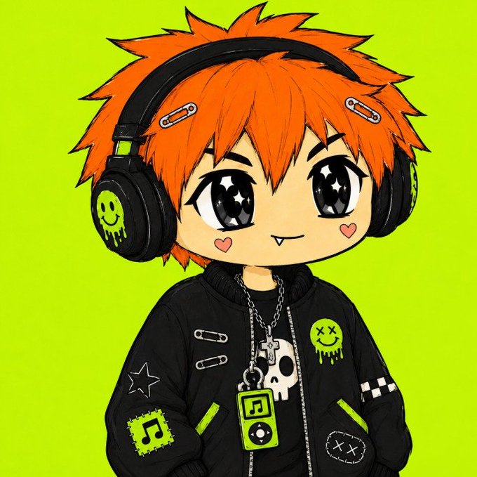 Chibi-style cartoon character with spiky orange hair, large expressive eyes, pink heart cheeks, and a small fang, wearing black headphones with a green smiley face design, a black jacket with safety pins, a skull necklace, and a music player pendant against a bright green background.