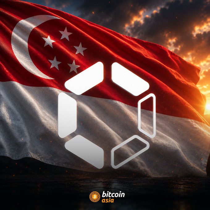 The Singapore flag waves in the background of a Bitcoin Asia promotional image featuring a geometric white logo.