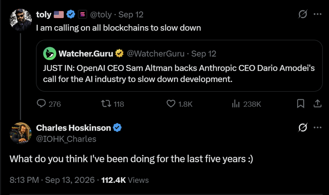 The image is a screenshot of a Twitter/X exchange where user @WatcherGuru reports that OpenAI CEO Sam Altman supports Anthropic CEO Dario Amodei's call for the AI industry to slow down development, prompting @IOHK_Charles (Charles Hoskinson) to quip "What do you think I've been doing for the last five years :)." The image relates to the post "Can't believe this app is free" as it showcases how the platform delivers timely, high-engagement content (112.4K views) about AI industry news and notable commentary from crypto/tech figures at no cost.