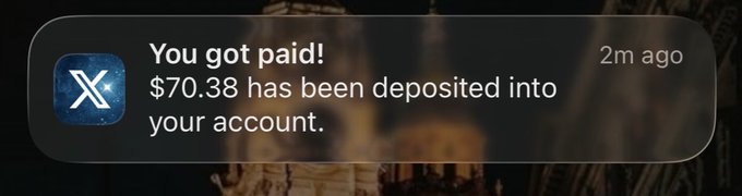 A mobile notification from X (formerly Twitter) announces a payment of $70.38 deposited into the user's account, posted 2 minutes ago, tying into the post's celebration of X's new monetization and airdrop features for content creators.