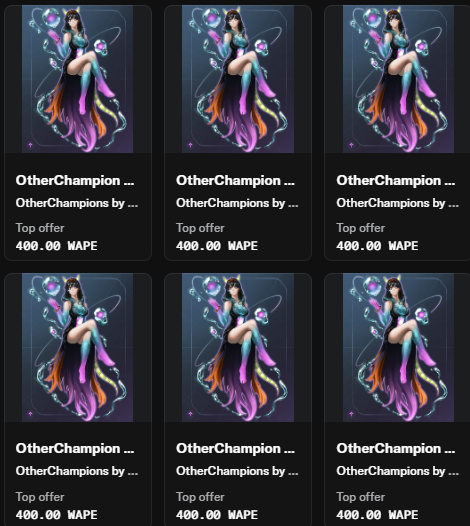 The image shows six identical NFT cards displayed in a 2x3 grid, each featuring a "OtherChampions by..." character depicting a mystical figure in teal and purple robes, with a top offer of 400.00 MAPE. The repeated NFT cards visually represent the post's claim about dropping 17 "lovely ladies" (OtherChampions NFTs) onto the OtherSide, while highlighting recovered sentiment in web3 gaming.