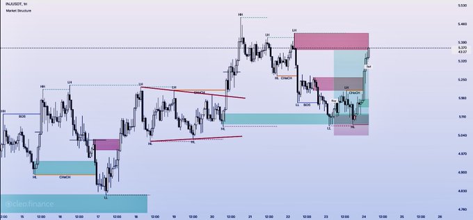 The image is a candlestick price chart for the INJ/USDT trading pair, displaying market structure with labeled swing highs (HH, LH, SH) and swing lows (HL, LL), along with supply/demand zones, change of character (CHoCH) and break of structure (BOS) markers highlighting key reversal points. The annotated setup illustrates the successful execution of a short-selling idea following bearish market structure shifts on the INJ/USDT pair.