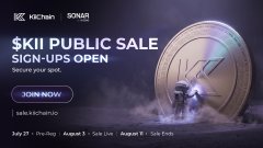 Promotional banner for KiiChain's KII Public Sale with sign-ups open, featuring a gold KII coin against a dark background with sale dates listed (Pre-Buy July 27, August 1, August 8, August 15) alongside the caption emphasizing quiet preparation for big opportunities.