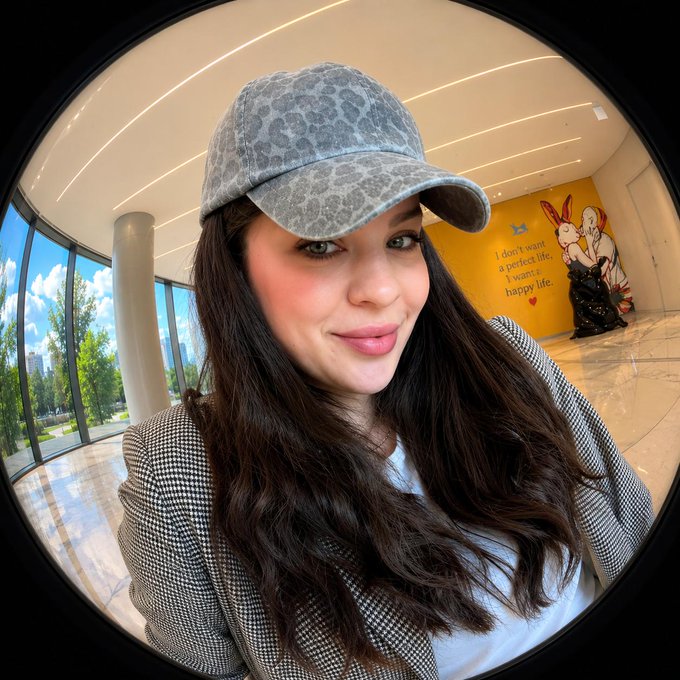 A woman wearing a gray leopard-print cap and a houndstooth blazer poses for a fish-eye selfie in a modern lobby, with a yellow wall behind her displaying the text "I don't want a perfect life, I want a happy life." alongside an illustration of two rabbits — fitting the cheerful, retro-style aesthetic of the NFT collection she's promoting.