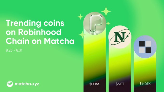 A Matcha.xyz promotional graphic with a green gradient background displaying three coin logos ($PONS, $NET, and $INDEX) alongside the text "Trending coins on Robinhood Chain on Matcha 8.23 - 8.31," highlighting the top trending RWAs on the platform for that week.
