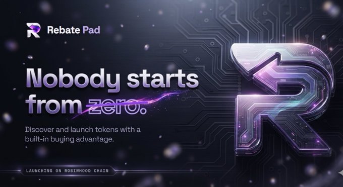 Promotional banner for “Rebate Pad” reading “Nobody starts from zero.” and “Discover and launch tokens with a built-in buying advantage,” with “LAUNCHING ON ROBINHOOD CHAIN” along the bottom and a metallic purple “R” logo.
