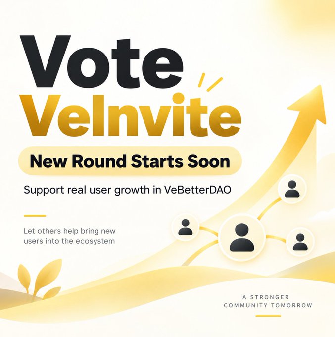 A promotional graphic with yellow and black text reading 'Vote VeInvite', 'New Round Starts Soon', and 'Support real user growth in VeBetterDAO', featuring an upward arrow and user network illustration.
