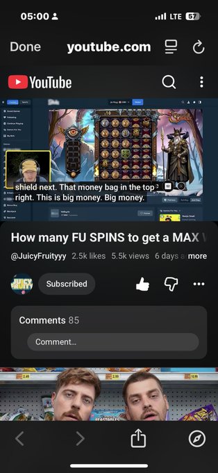 A mobile screenshot of YouTube shows a video titled "How many FU SPINS to get a MAX" by @JuicyFruityy with 5.5K views, depicting a slot machine game.