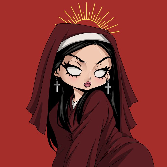 A stylized cartoon illustration of a nun with an exaggerated appearance, featuring large white eyes, dark hair, cross earrings, and a maroon habit, set against a red background with a golden sunburst halo.