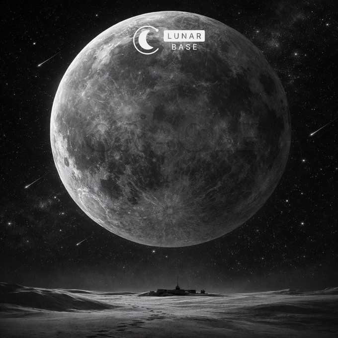A black and white illustration of a large moon with the text "LUNAR BASE" and a logo, overlooking a lunar landscape with a small base and shooting stars.