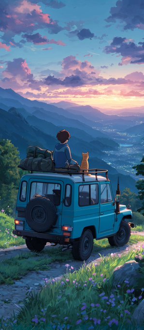 An anime-style illustration of a person and a dog sitting on top of a blue SUV, looking out over a mountain valley at sunset.