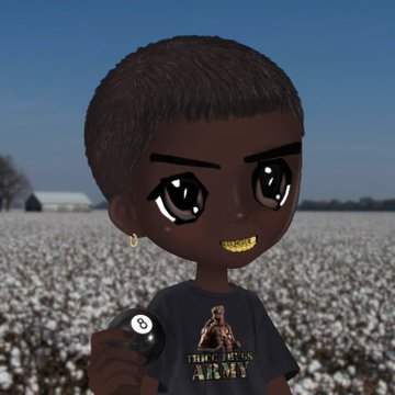 A 3D animated chibi-style character with dark skin, gold grills, and an earring wearing a black t-shirt with "BROTHERS ARMY" written on it, holding an 8-ball in a cotton field.