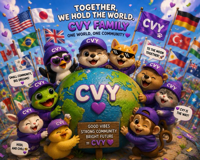 A colorful 3D-rendered promotional graphic featuring various cartoon animals (penguin, dog, cat, frog, rabbit, duck, monkey, bear) wearing purple 'CVY' hats gathered around a globe, with the text 'TOGETHER, WE HOLD THE WORLD. CVY FAMILY ONE WORLD, ONE COMMUNITY' and 'GOOD VIBES STRONG COMMUNITY BRIGHT FUTURE = CVY'.