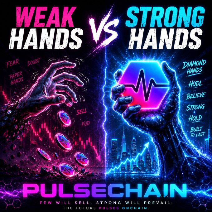 The image features a poster for a video game called "Pulsecain". The poster shows two hands holding a coin with a heart symbol on it against a black background, representing the "Weak Hands" side of the comparison. On the other side of the poster is another hand holding a diamond-shaped object, which could be interpreted as the "Strong Hands" side of the comparison. The text in the image includes phrases such as " Weak hands", " Fear sells", and "The future pulses on".