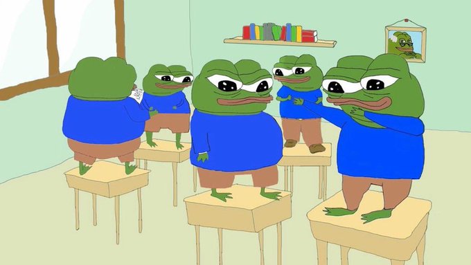 Several cartoon frogs wearing blue shirts standing on stools, appearing to be in a classroom setting from a meme-style illustration.