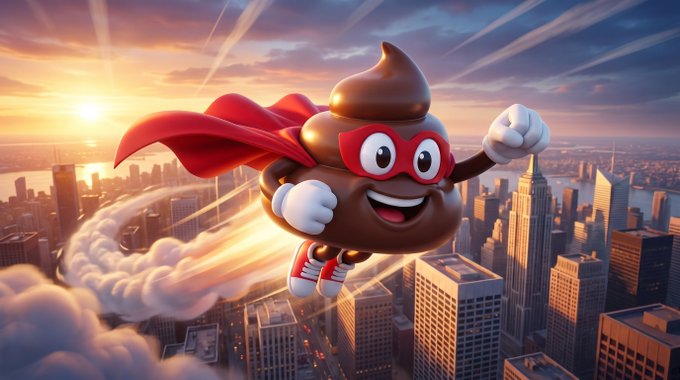 A 3D-rendered cartoon poop emoji character wearing a red superhero mask and cape, flying over a city skyline at sunset with rocket boosters.