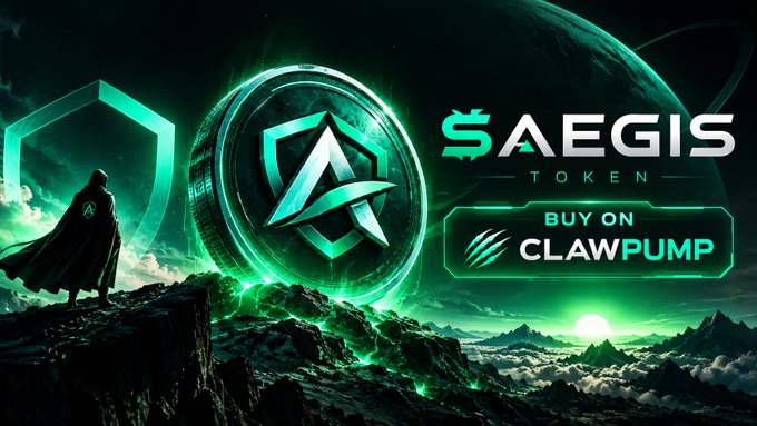 Promotional graphic for '$AEGIS TOKEN' advertising it can be bought on Clawpump, featuring a futuristic figure looking at a large glowing green coin with the Aegis logo against a planetary backdrop.