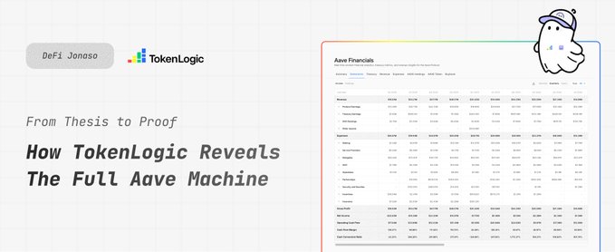 The image shows an infographic about token logic. The infographic includes a table displaying statistics and numbers, which could be related to token analysis or blockchain projects. It also contains text that says "How tokenLogic Reveals the Full Aave Machine". This information suggests that the infographic is likely presenting research on token projects or analysis tools in the field of cryptocurrency and blockchain technology.
