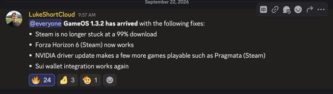 A Discord message from 'LukeShortCloud' announcing that 'GameOS 1.3.2' is released, fixing Steam downloads, Forza Horizon 6, NVIDIA drivers for Pragmata, and Sui wallet integration.