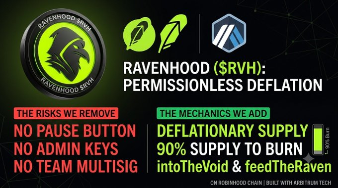 A promotional graphic for the cryptocurrency RAVENHOOD ($RVH) advertising 'PERMISSIONLESS DEFLATION' with features 'NO PAUSE BUTTON', 'NO ADMIN KEYS', 'NO TEAM MULTISIG', 'DEFLATIONARY SUPPLY', and '90% SUPPLY TO BURN intoTheVoid & feedTheRaven, ON ROBINHOOD CHAIN | BUILT WITH ARBITRUM TECH'.