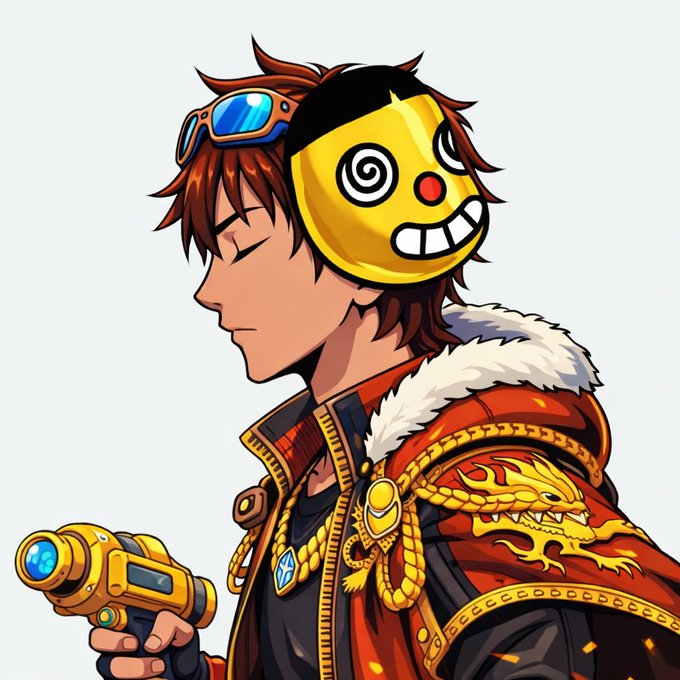 An anime-style character with closed eyes wears a yellow swirly-eyed dizzy smiley mask and goggles, sporting a red jacket with a dragon design while holding a futuristic yellow and blue device, visually matching the upbeat "GM" (Good Morning) greeting energy.