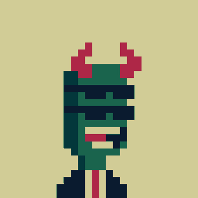 Pixel art illustration of a green face with red horn-like shapes on top, dark glasses, and a neutral expression against a pale yellow background.
