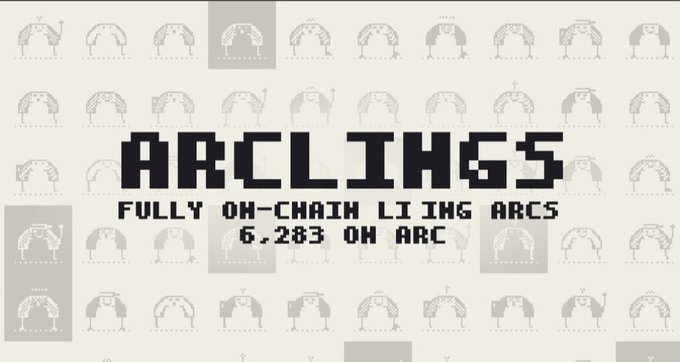 A pixel-style title card reads "ARCLIINGS - FULLY ON-CHAIN LIVING ARCS - 6.283 ON ARC" over a repeating background of arcade cabinet icons.