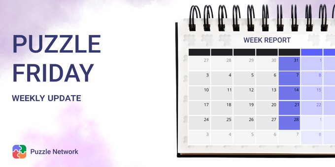 A promotional graphic for "Puzzle Friday - Weekly Update" by Puzzle Network, featuring the text alongside a spiral-bound weekly calendar report image with dates highlighted in purple and blue, complementing the post's announcement of a productive week for the PUZZLE token aggregator.