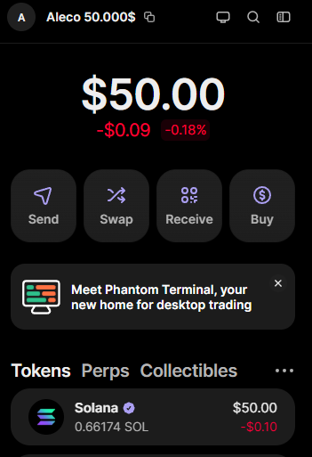 A screenshot of a crypto wallet app showing an Aleco balance of $50.00 (down 0.18%) with action buttons for Send, Swap, Receive, and Buy, alongside a Solana holding worth $50.00.