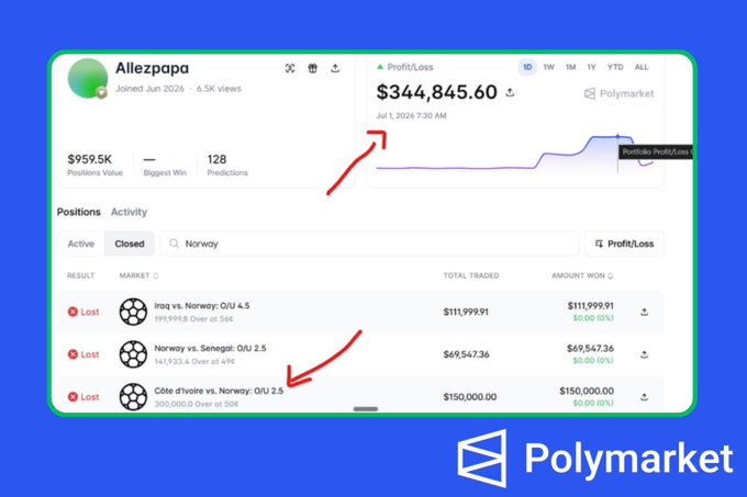 A Polymarket user profile showing 'Allezpapa' with a Profit/Loss of $344,845.60, featuring closed positions of significant losses on Norway football match predictions, with red arrows highlighting the figures.