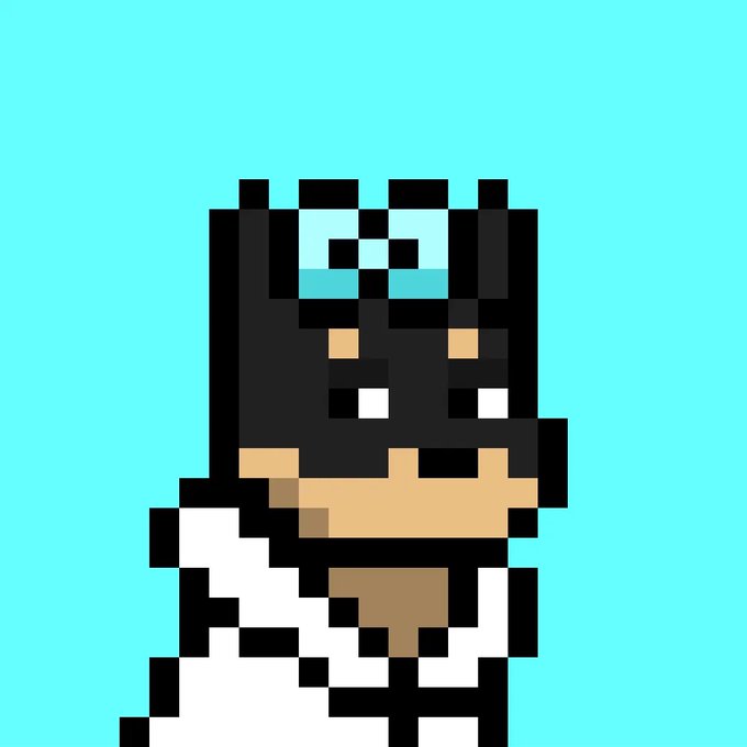 Pixel art illustration of a character wearing a Batman-style mask and a hooded outfit against a teal background.