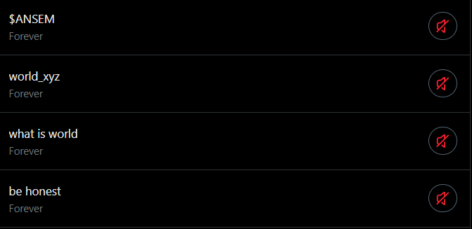 A dark list of domain names with 'Forever' labels, including $ANSEM, world.xyz, what is world, and be honest, each accompanied by a red bell icon.