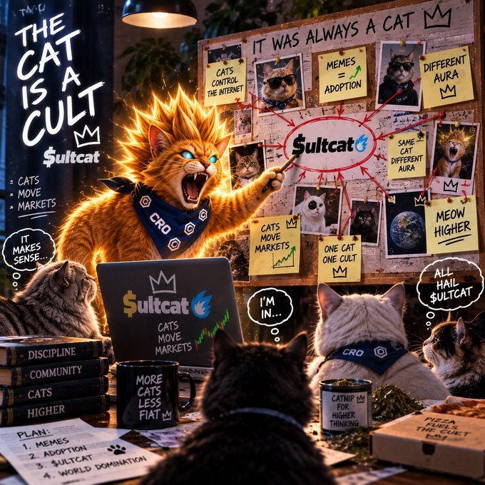An AI-generated conspiracy board featuring an orange cat pointing to a central '$ultcat' node, surrounded by notes like 'CATS CONTROL THE INTERNET', 'MEMES = ADOPTION', and 'DIFFERENT AURA', with the title 'THE CAT IS A CULT'.