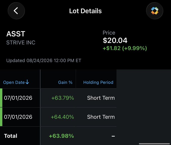 A mobile app screenshot showing 'Lot Details' for ASST (STRIVE INC) stock at a price of $20.04 (+$1.82, +9.99%), with lot details showing gains of +63.79% and +64.40% dated 07/01/2026.
