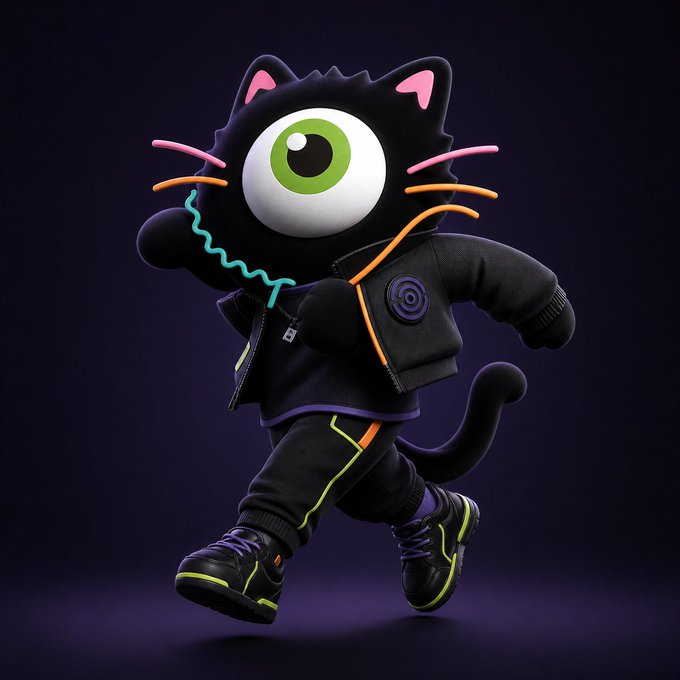 A one-eyed black cartoon cat character in streetwear makes a peace sign while posing in a black bomber jacket with neon accents, matching sweatpants, and chunky black sneakers. The post "Gm, rate Zkat's drip" fits the image's stylish, fashion-forward mascot showcasing its cool outfit.