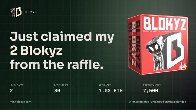 The image shows a Blokyz NFT raffle results screen displaying "Just claimed my 2 Blokyz from the raffle" with stats showing 36 entries, 1.02 ETH refunded, and a raffle supply of 7,500, alongside a red Blokyz character box. It visually confirms the user's success in winning 2 Blokyz NFTs, matching their post about claiming 4 total across two accounts.