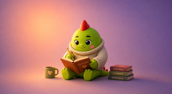 A cute green dinosaur character wearing a cozy sweater sits writing in a "SLEEP DIARY" book, surrounded by a mug and stacked books labeled "SLEEP WELL," "EAT SMART," and "MOVE DAILY." The image illustrates the post's theme of using wearable devices like Apple Watch, Whoop, Fitbit, or Oura Ring to automatically track sleep and simplify the sleep diary process for Sleepagotchi users.