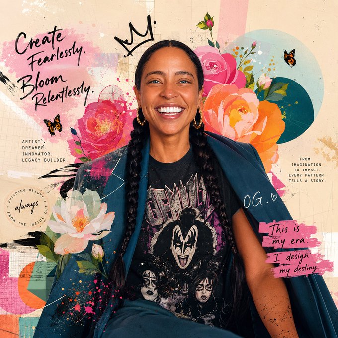 A smiling woman with long braids wearing a KISS band t-shirt and teal blazer is featured in a colorful collage with floral designs and the text 'Create Fearlessly. Bloom Relentlessly.' along with phrases like 'ARTIST. DREAMER. INNOVATOR. LEGACY BUILDER.' and 'This is my era. I design my destiny.'