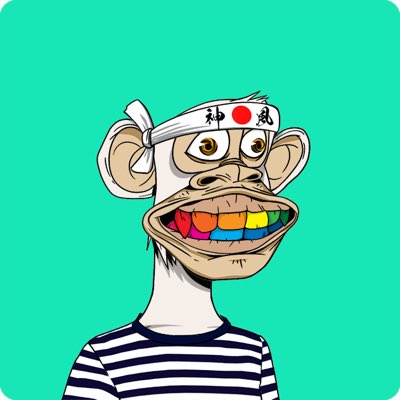 A cartoon NFT-style illustration of a monkey with rainbow-colored teeth wearing a 'Bored Ape' headband and a striped shirt on a teal background.