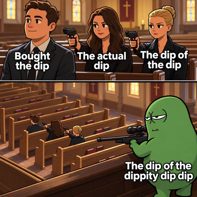 A cartoon meme depicting a church scene where a man who "bought the dip," a woman representing "the actual dip," and another woman representing "the dip of the dip" are all holding guns, while a green blob in the back with a sniper rifle watches them, labeled "The dip of the dippity dip dip," humorously illustrating that no matter how deep you buy the dip, there's always a deeper dip lurking, as referenced in the $Morphy promotional post.