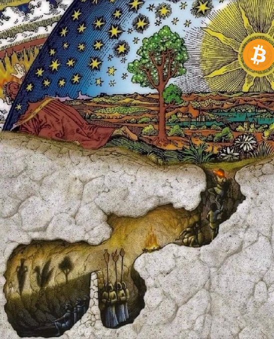 An artistic illustration combining a celestial landscape with a starry sky, a Bitcoin sun, and an underground cavern scene.