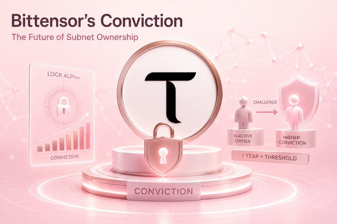 The image illustrates Bittensor's "Conviction" mechanism, featuring a central "T" token logo on a podium with a padlock, alongside graphics depicting "Lock Alpha," a conviction growth chart, and a challenge process where an inactive owner can be replaced by one with higher conviction after 1 year plus a threshold. This visual represents the post's explanation of how Conviction transforms subnet ownership by replacing inactive owners with more committed ones, addressing the misalignment and rug risks of permanent subnet ownership.