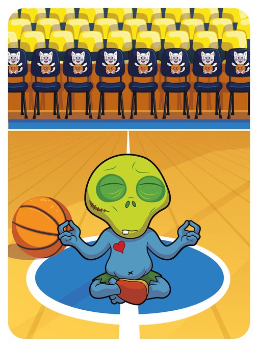 A cartoon illustration of a green meditating alien in a lotus yoga pose, holding a basketball, sitting on a basketball court with rows of empty chairs featuring dog faces in the background.