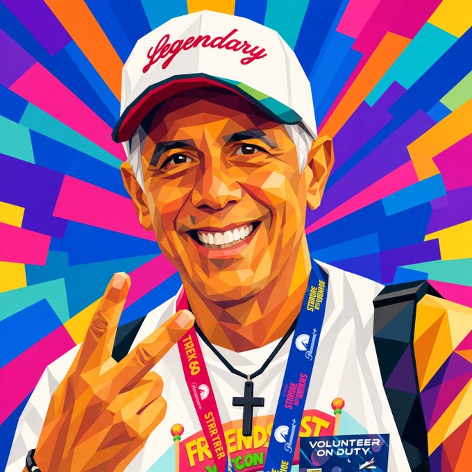 A colorful pop-art style digital portrait of a smiling man wearing a white 'Legendary' cap, a cross necklace, and event lanyards, making a peace sign against a vibrant rainbow background.