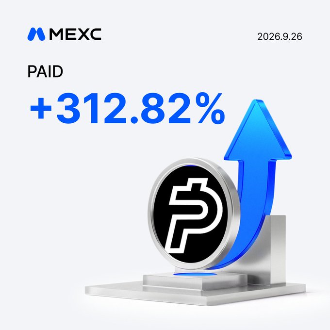A MEXC promotional graphic dated 2026.9.26 showcases the $PAID token's impressive +312.82% surge, featuring a metallic PyPI coin and a large blue upward arrow to visually reinforce the post's message of the token's strong upward momentum.