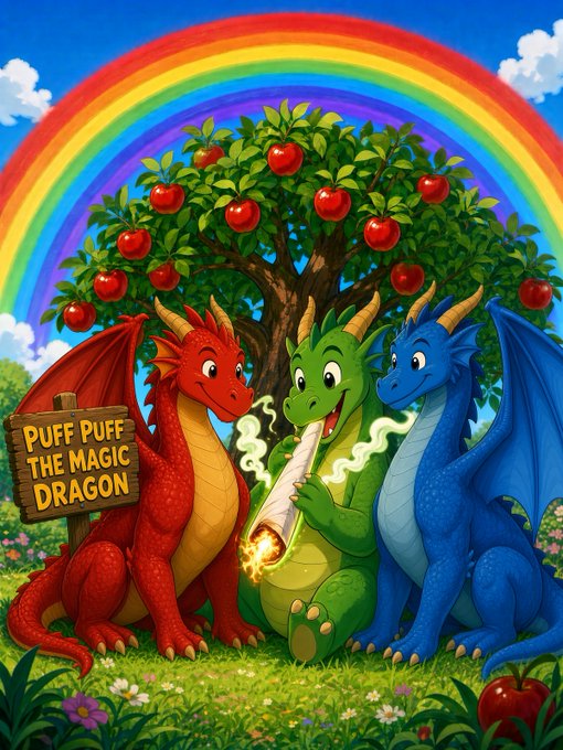 Three cartoon dragons (red, green, and blue) sit in a meadow beneath an apple tree and a rainbow, with a sign reading 'PUFF PUFF THE MAGIC DRAGON' beside them.