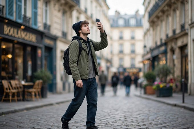 A young man wearing a green jacket, beanie, and backpack stands on a cobblestone street in Paris, holding up his smartphone to take a photo, with a Boulangerie visible behind him.